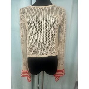 Hayden Los Angeles Knit Mesh Bell Sleeve Cropped Sweater Top Beige Red Stripe S